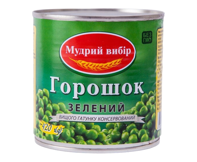 Горошек зеленый консервированный из стерилизованных мозговых сортов 420г